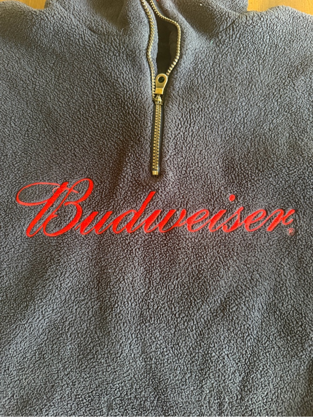 Vintage Budweiser Navy and Red Men’s Quarter-Zip Fleece Pullover - Picture 2 of 3